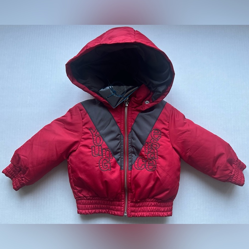 Young Versace Unisex Puffer HOODED Jacket Coat RED/GRAY Size 6M NEW